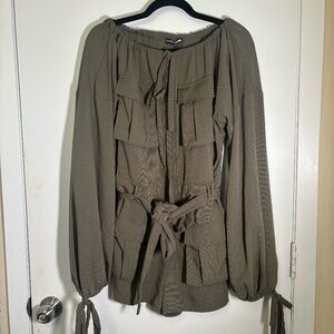FashioNova, Olive Green, Utility Romper Off Shoulder Tie Waist